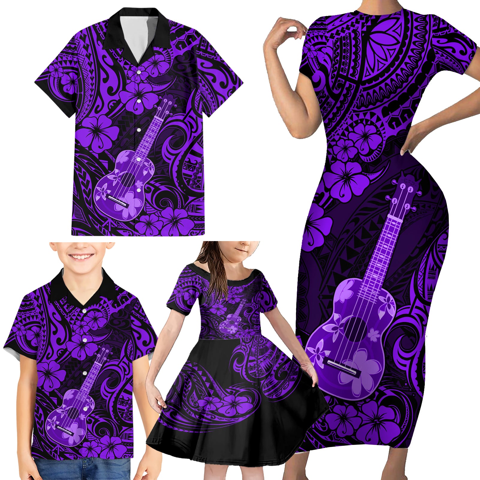 Hawaii Ukulele Family Matching Short Sleeve Bodycon Dress and Hawaiian Shirt Polynesian Pattern Purple Version LT01 - Polynesian Pride