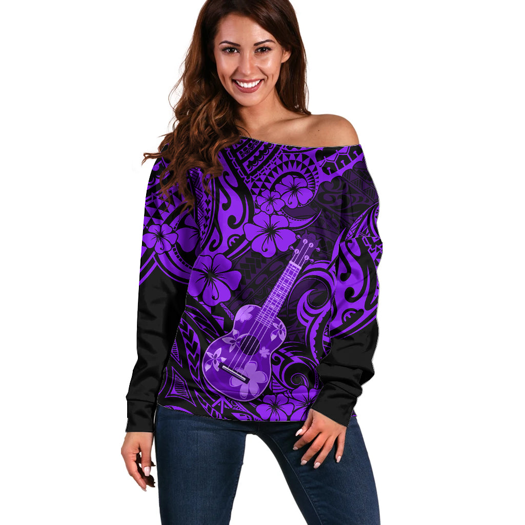 Hawaii Ukulele Off Shoulder Sweater Polynesian Pattern Purple Version LT01 Women Purple - Polynesian Pride