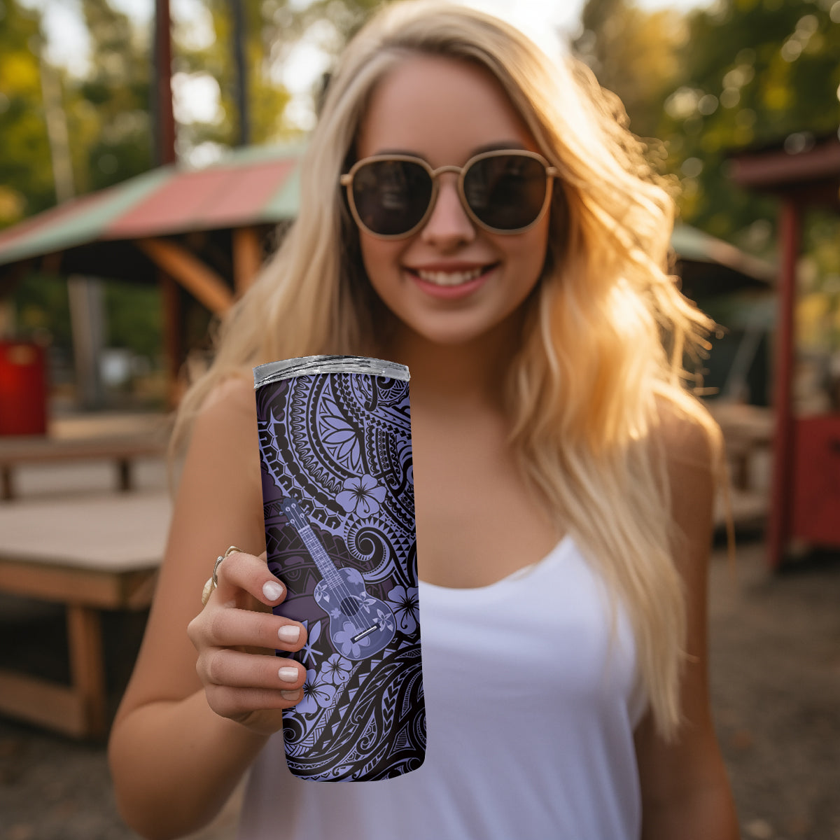 Hawaii Ukulele Skinny Tumbler Polynesian Pattern Purple Version