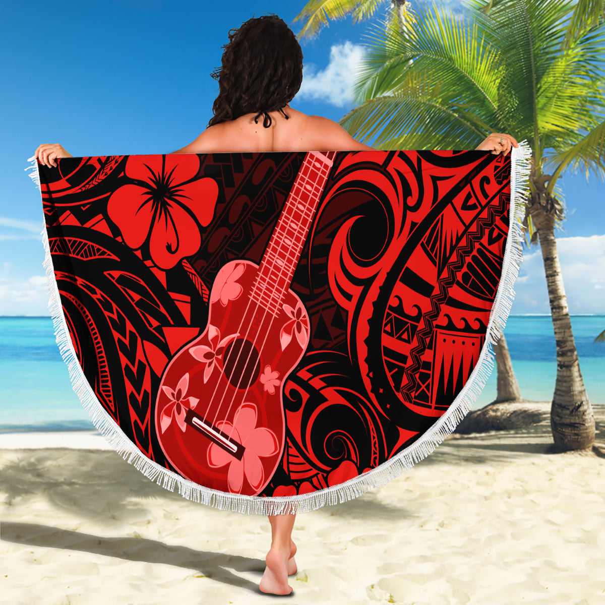 Hawaii Ukulele Beach Blanket Polynesian Pattern Red Version LT01 - Wonder Print Shop