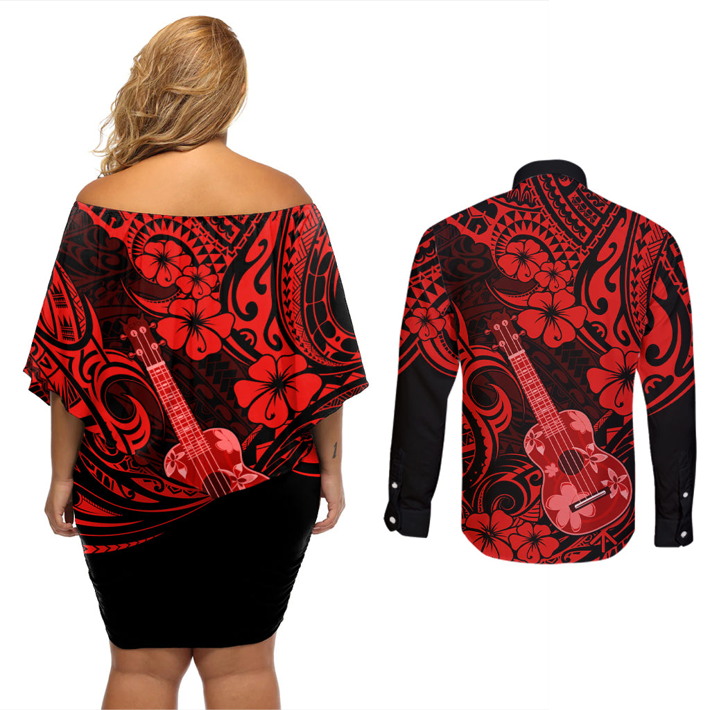 Hawaii Ukulele Couples Matching Off Shoulder Short Dress and Long Sleeve Button Shirts Polynesian Pattern Red Version LT01 - Polynesian Pride
