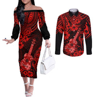Hawaii Ukulele Couples Matching Off The Shoulder Long Sleeve Dress and Long Sleeve Button Shirts Polynesian Pattern Red Version LT01 Red - Polynesian Pride