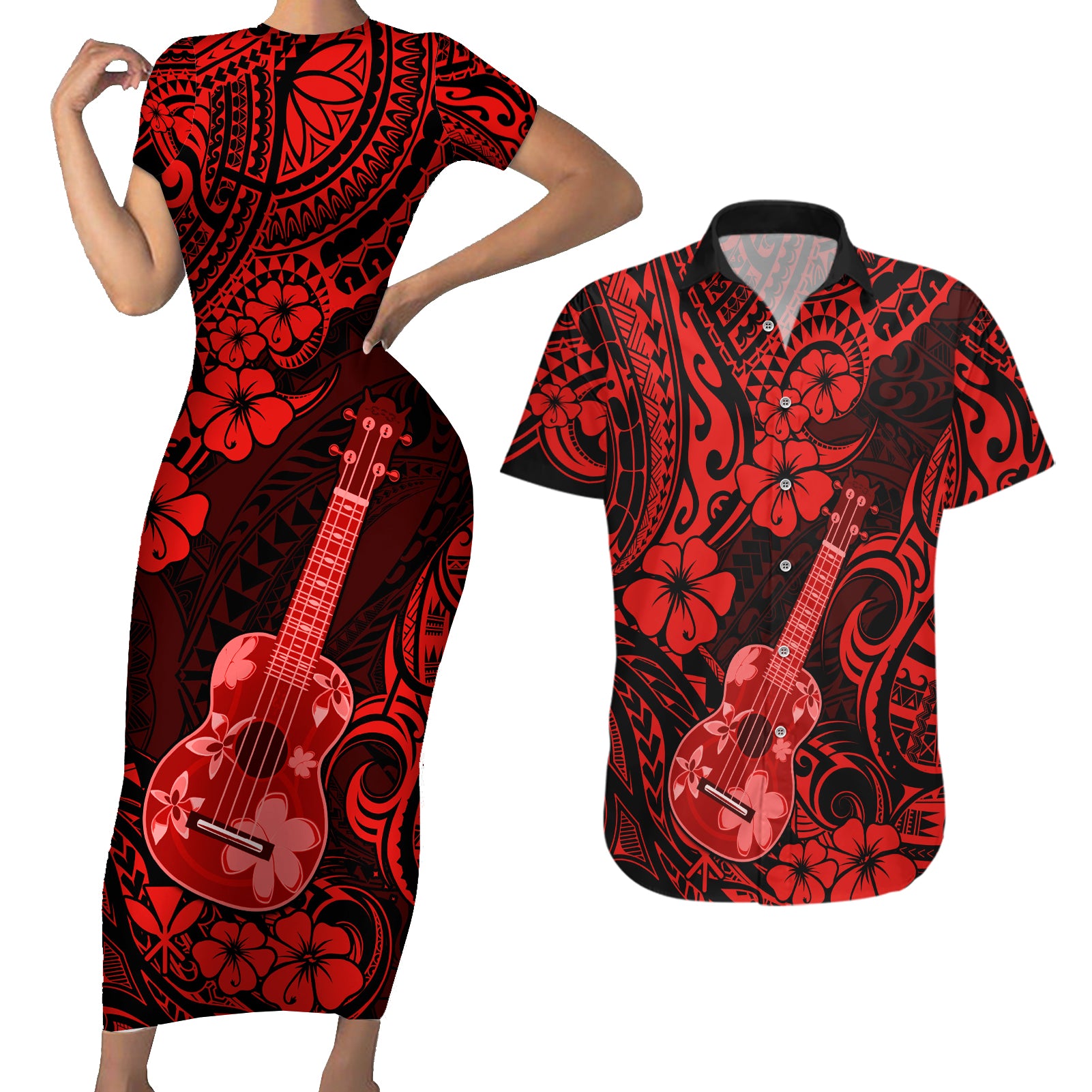 Hawaii Ukulele Couples Matching Short Sleeve Bodycon Dress and Hawaiian Shirt Polynesian Pattern Red Version LT01 Red - Polynesian Pride