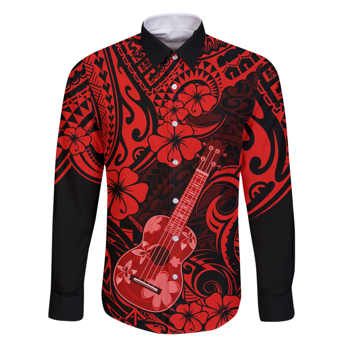 Hawaii Ukulele Family Matching Long Sleeve Bodycon Dress and Hawaiian Shirt Polynesian Pattern Red Version LT01 Dad's Shirt - Long Sleeve Red - Polynesian Pride