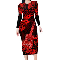 Hawaii Ukulele Family Matching Long Sleeve Bodycon Dress and Hawaiian Shirt Polynesian Pattern Red Version LT01 Mom's Dress Red - Polynesian Pride