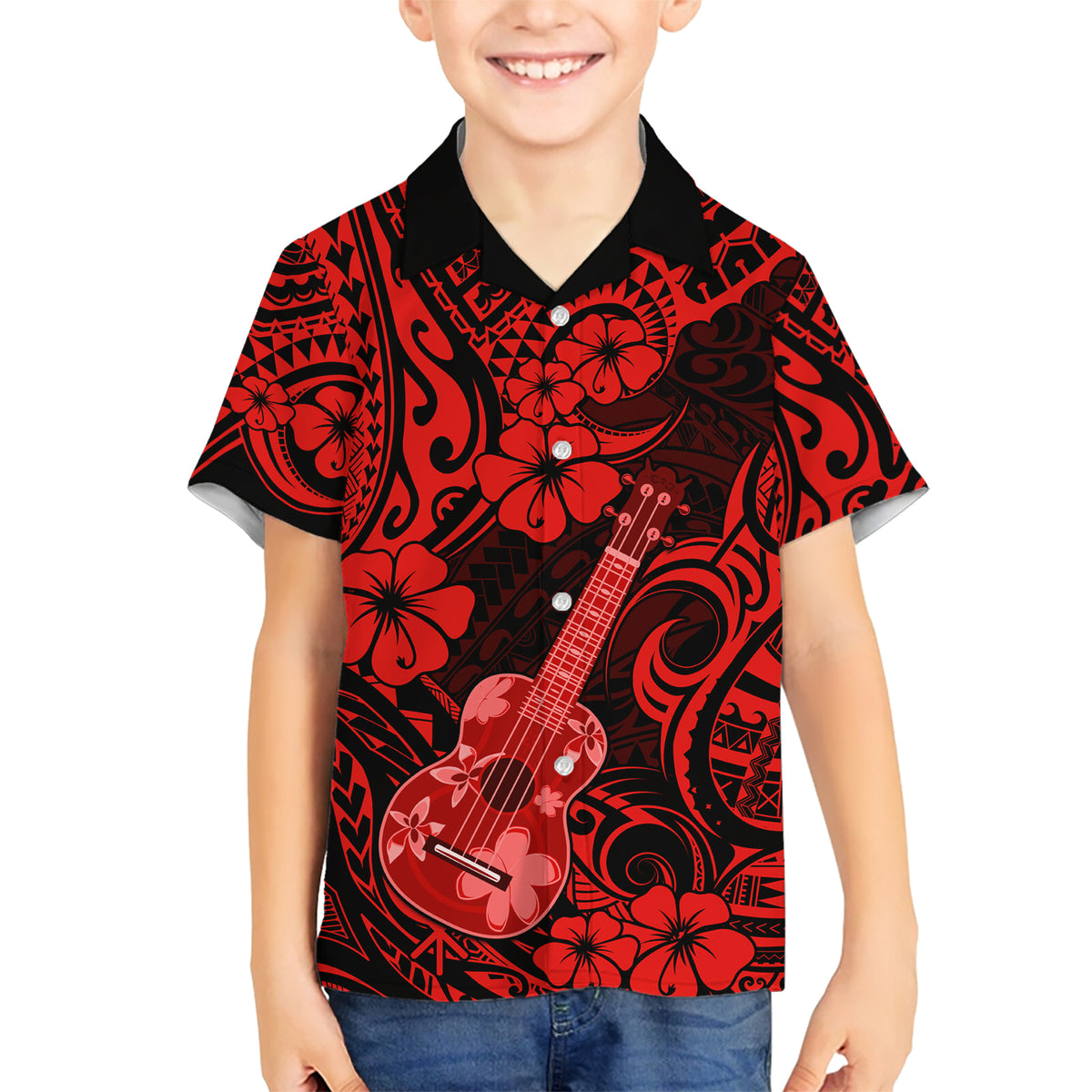 Hawaii Ukulele Family Matching Short Sleeve Bodycon Dress and Hawaiian Shirt Polynesian Pattern Red Version LT01 Son's Shirt Red - Polynesian Pride