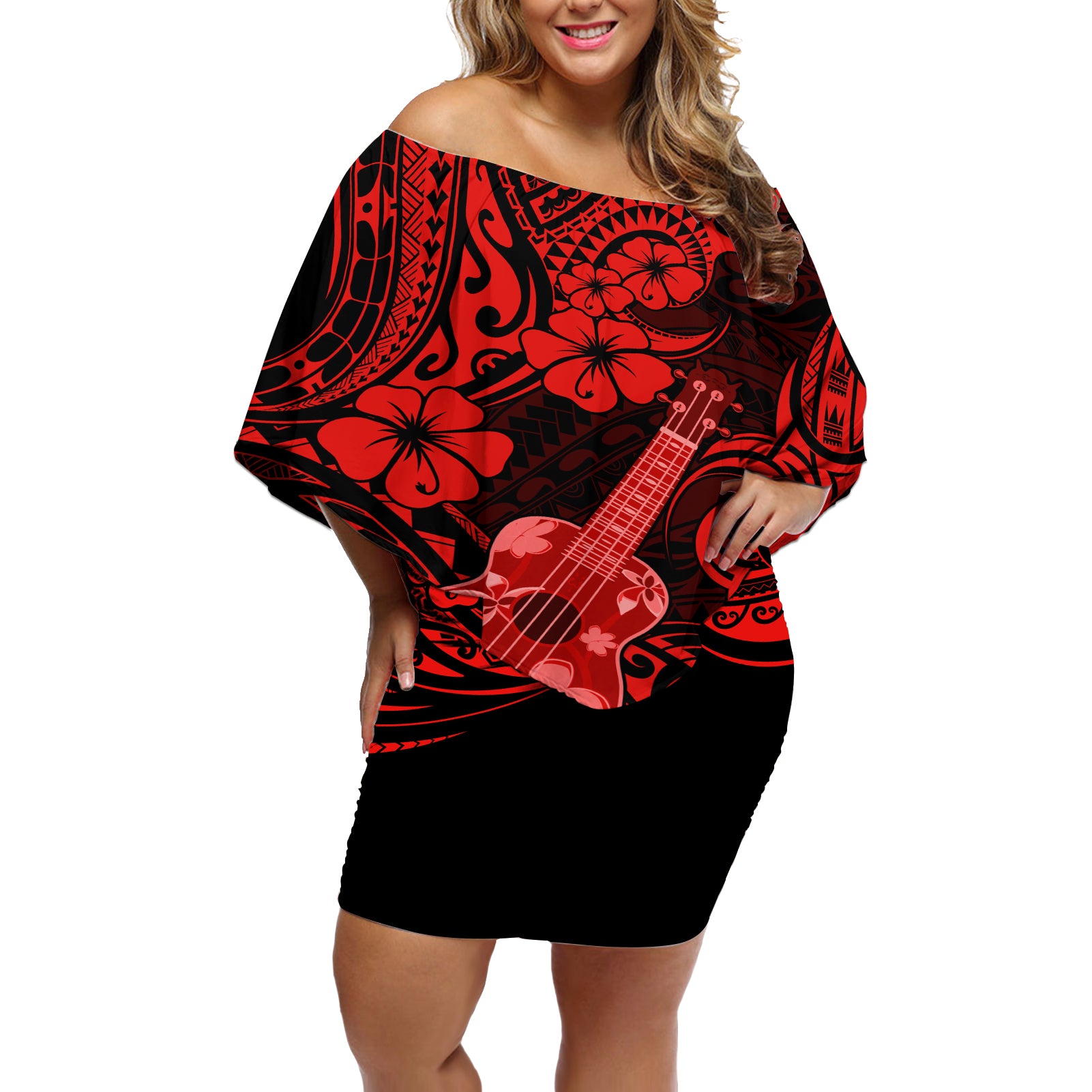 Hawaii Ukulele Off Shoulder Short Dress Polynesian Pattern Red Version LT01 Women Red - Polynesian Pride