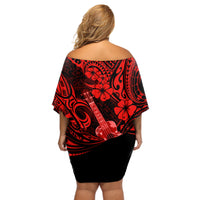 Hawaii Ukulele Off Shoulder Short Dress Polynesian Pattern Red Version LT01 - Polynesian Pride