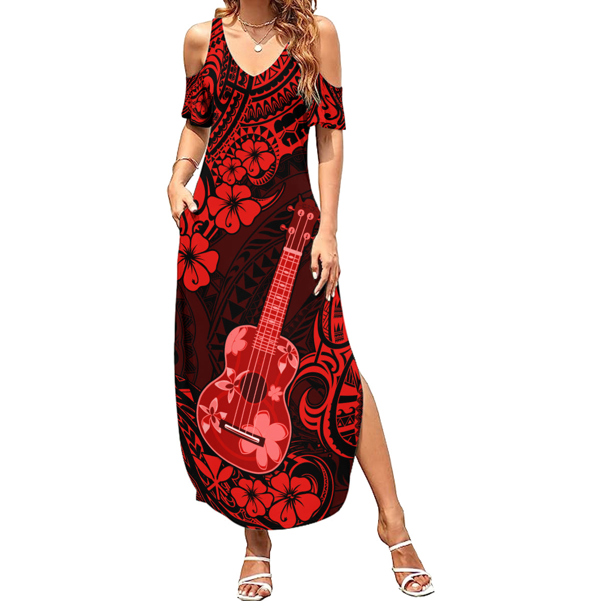 Hawaii Ukulele Summer Maxi Dress Polynesian Pattern Red Version LT01 Women Red - Polynesian Pride