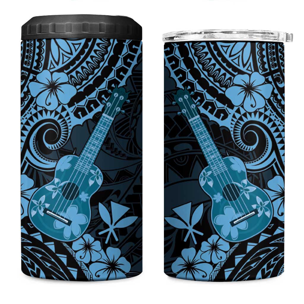 Hawaii Ukulele 4 in 1 Can Cooler Tumbler Polynesian Pattern Sky Blue Version