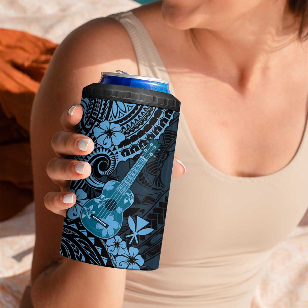 Hawaii Ukulele 4 in 1 Can Cooler Tumbler Polynesian Pattern Sky Blue Version