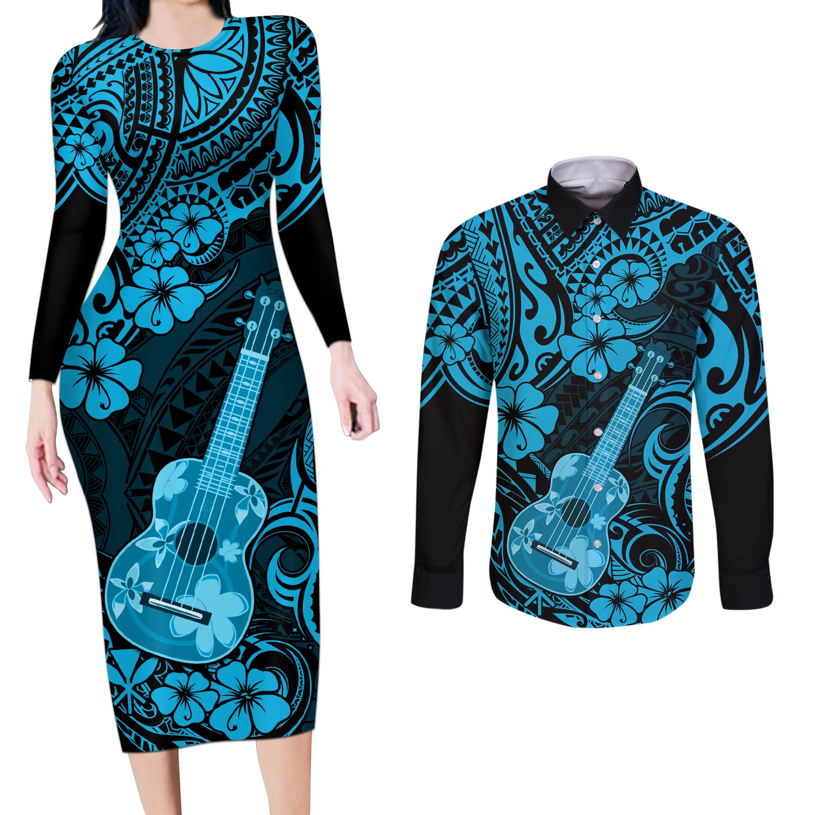 Hawaii Ukulele Couples Matching Long Sleeve Bodycon Dress and Long Sleeve Button Shirts Polynesian Pattern Sky Blue Version LT01 Blue - Polynesian Pride
