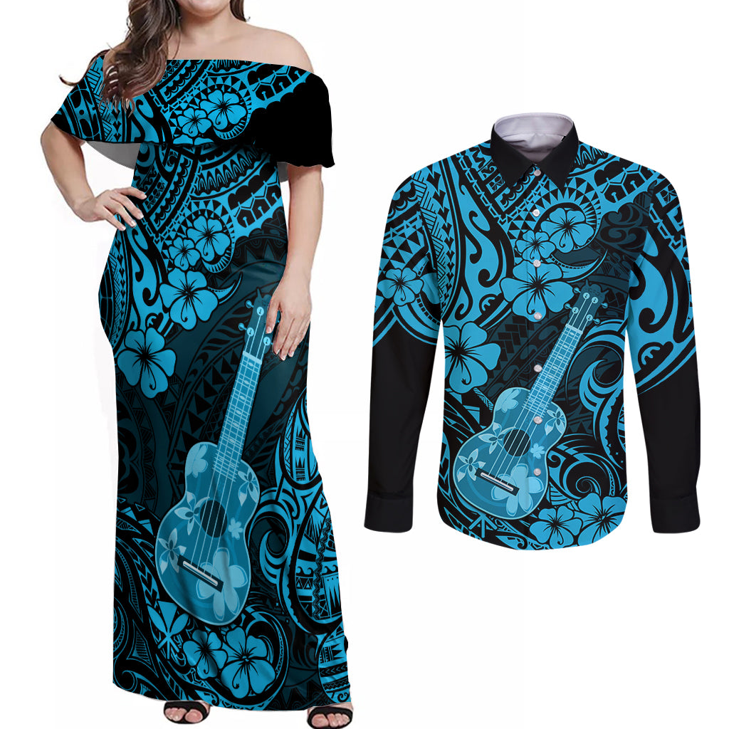 Hawaii Ukulele Couples Matching Off Shoulder Maxi Dress and Long Sleeve Button Shirts Polynesian Pattern Sky Blue Version LT01 Blue - Polynesian Pride