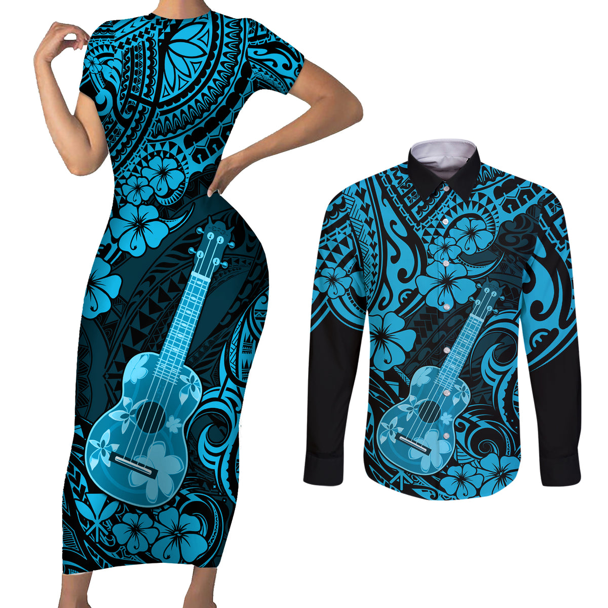 Hawaii Ukulele Couples Matching Short Sleeve Bodycon Dress and Long Sleeve Button Shirts Polynesian Pattern Sky Blue Version LT01 Blue - Polynesian Pride