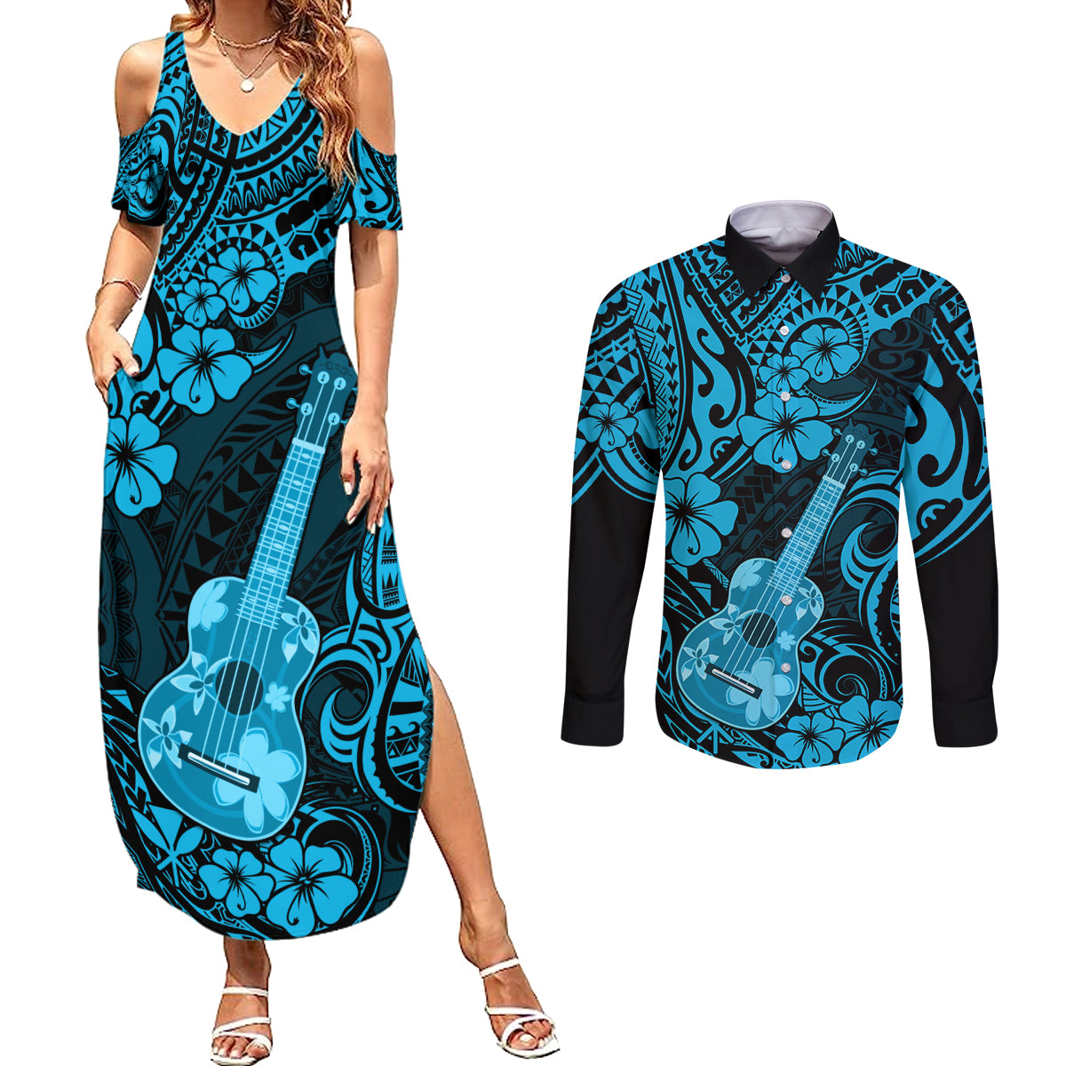 Hawaii Ukulele Couples Matching Summer Maxi Dress and Long Sleeve Button Shirts Polynesian Pattern Sky Blue Version LT01 Blue - Polynesian Pride