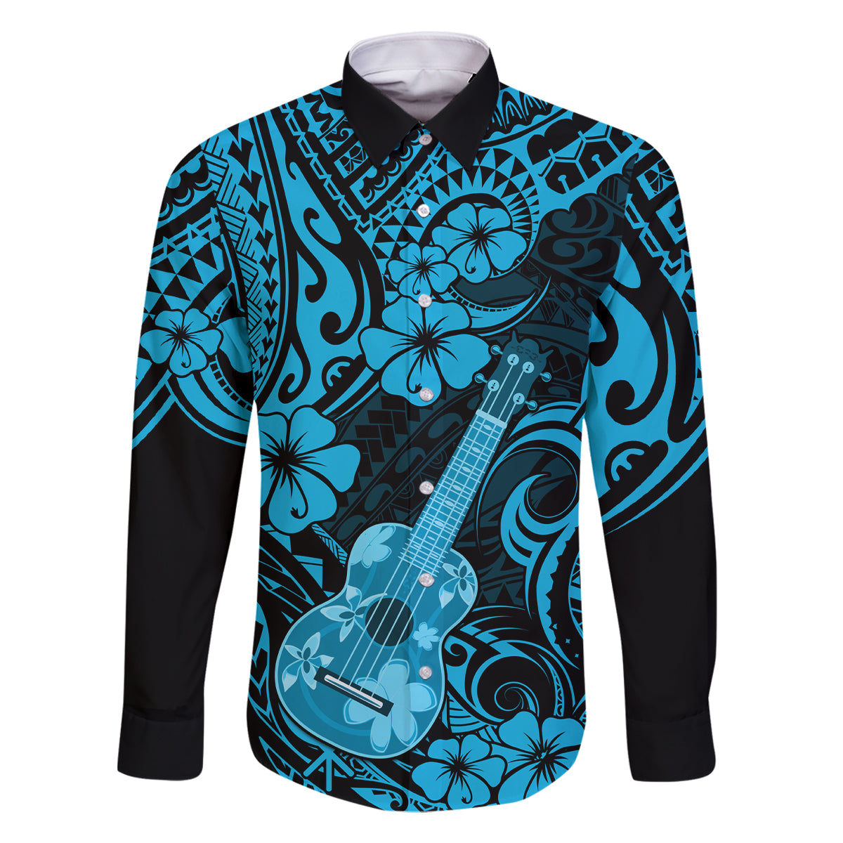 Hawaii Ukulele Family Matching Off Shoulder Long Sleeve Dress and Hawaiian Shirt Polynesian Pattern Sky Blue Version LT01 Dad's Shirt - Long Sleeve Blue - Polynesian Pride