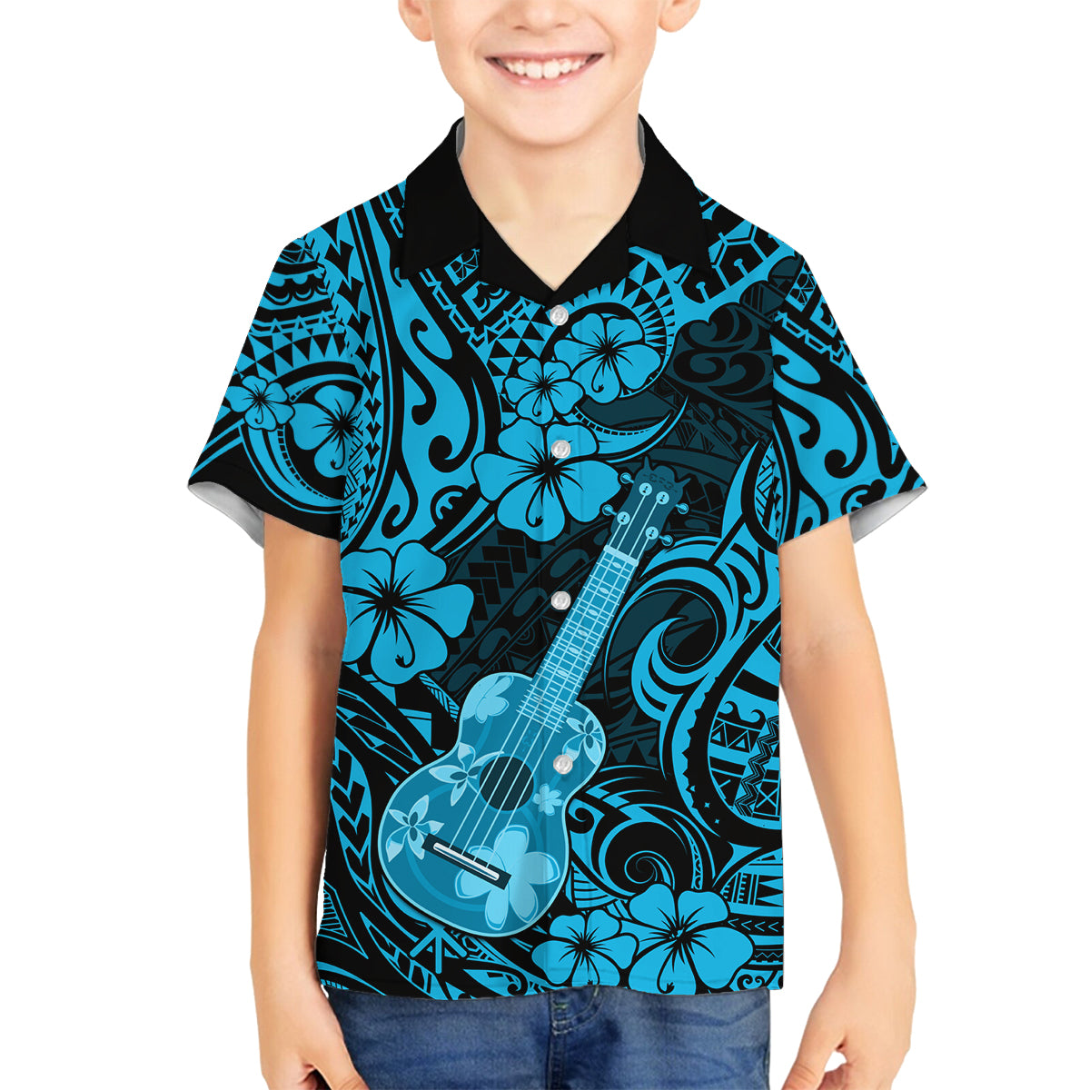 Hawaii Ukulele Family Matching Puletasi Dress and Hawaiian Shirt Polynesian Pattern Sky Blue Version LT01 Son's Shirt Blue - Polynesian Pride
