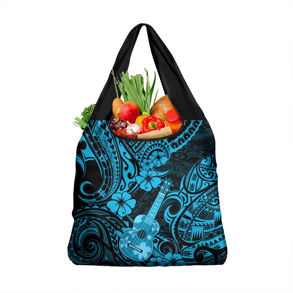 Hawaii Ukulele Grocery Bag Polynesian Pattern Sky Blue Version