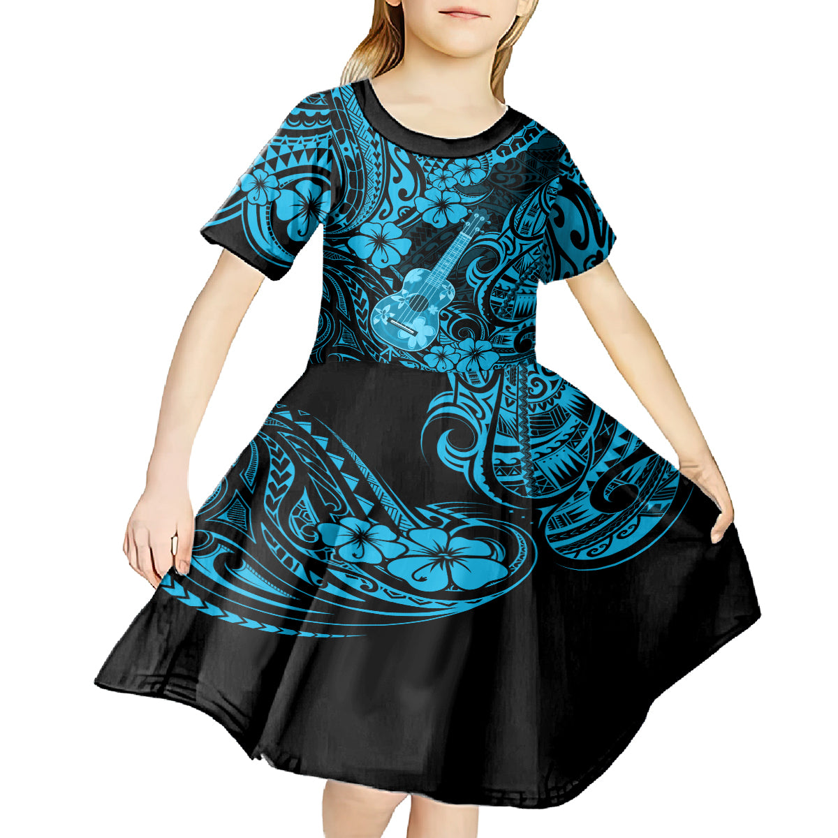Hawaii Ukulele Kid Short Sleeve Dress Polynesian Pattern Sky Blue Version LT01 - Polynesian Pride
