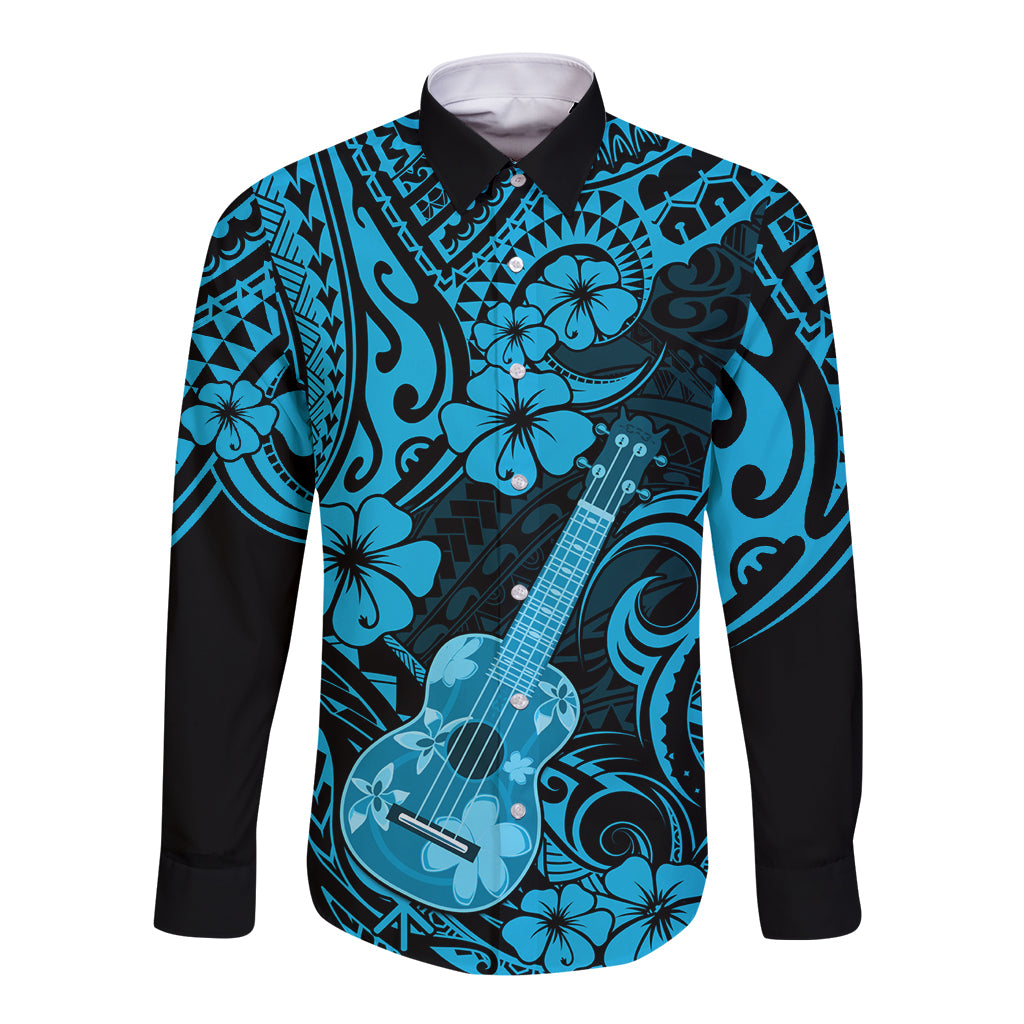 Hawaii Ukulele Long Sleeve Button Shirt Polynesian Pattern Sky Blue Version LT01 Unisex Blue - Polynesian Pride