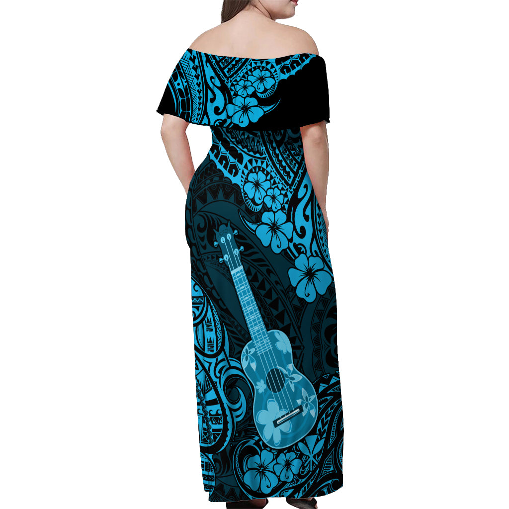 Hawaii Ukulele Off Shoulder Maxi Dress Polynesian Pattern Sky Blue Version LT01 - Polynesian Pride