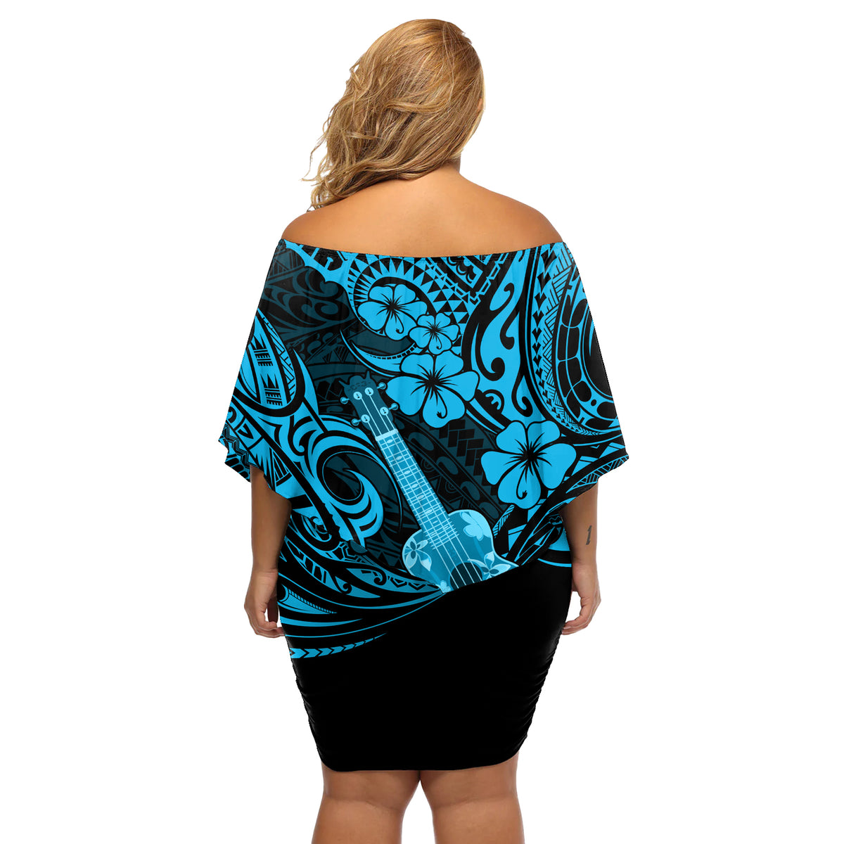 Hawaii Ukulele Off Shoulder Short Dress Polynesian Pattern Sky Blue Version LT01 - Polynesian Pride