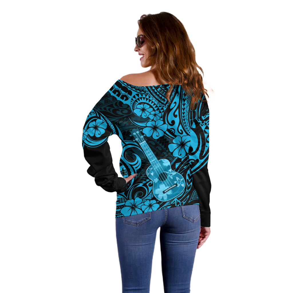 Hawaii Ukulele Off Shoulder Sweater Polynesian Pattern Sky Blue Version LT01 - Polynesian Pride