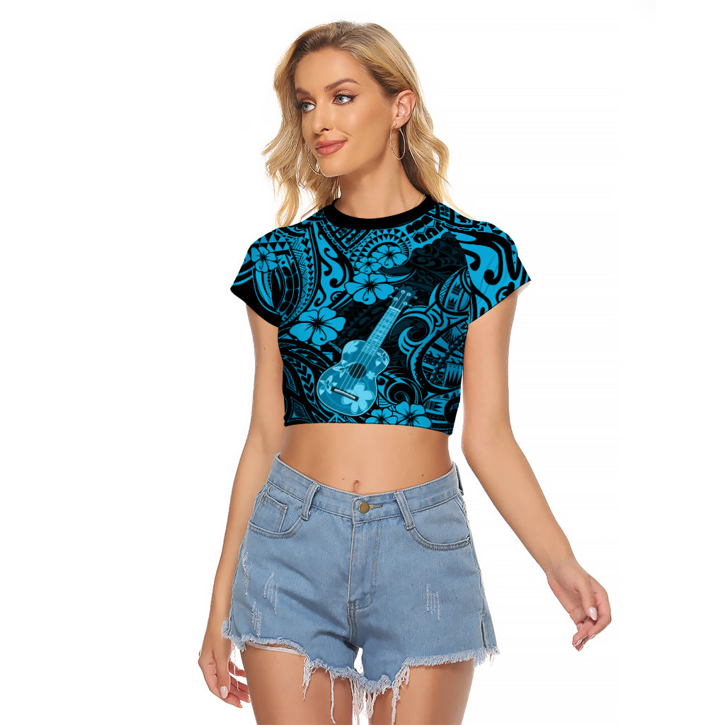 Hawaii Ukulele Raglan Cropped T Shirt Polynesian Pattern Sky Blue Version LT01 Female Blue - Polynesian Pride