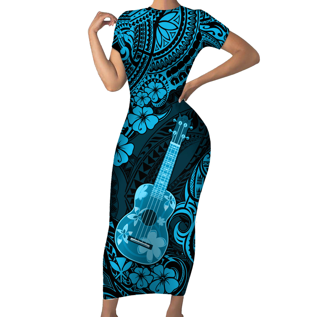 Hawaii Ukulele Short Sleeve Bodycon Dress Polynesian Pattern Sky Blue Version LT01 Long Dress Blue - Polynesian Pride