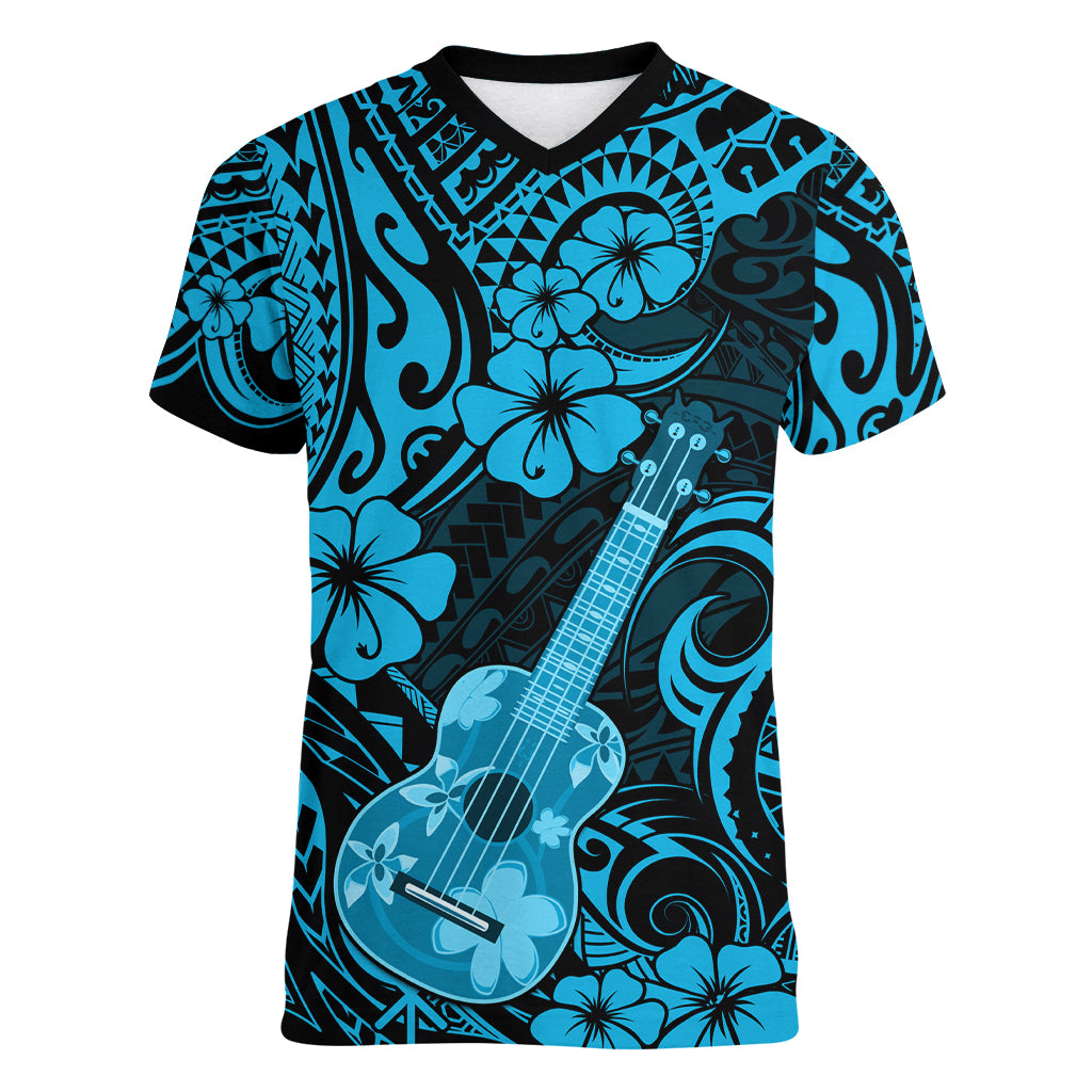 Hawaii Ukulele Women V Neck T Shirt Polynesian Pattern Sky Blue Version LT01 Female Blue - Polynesian Pride