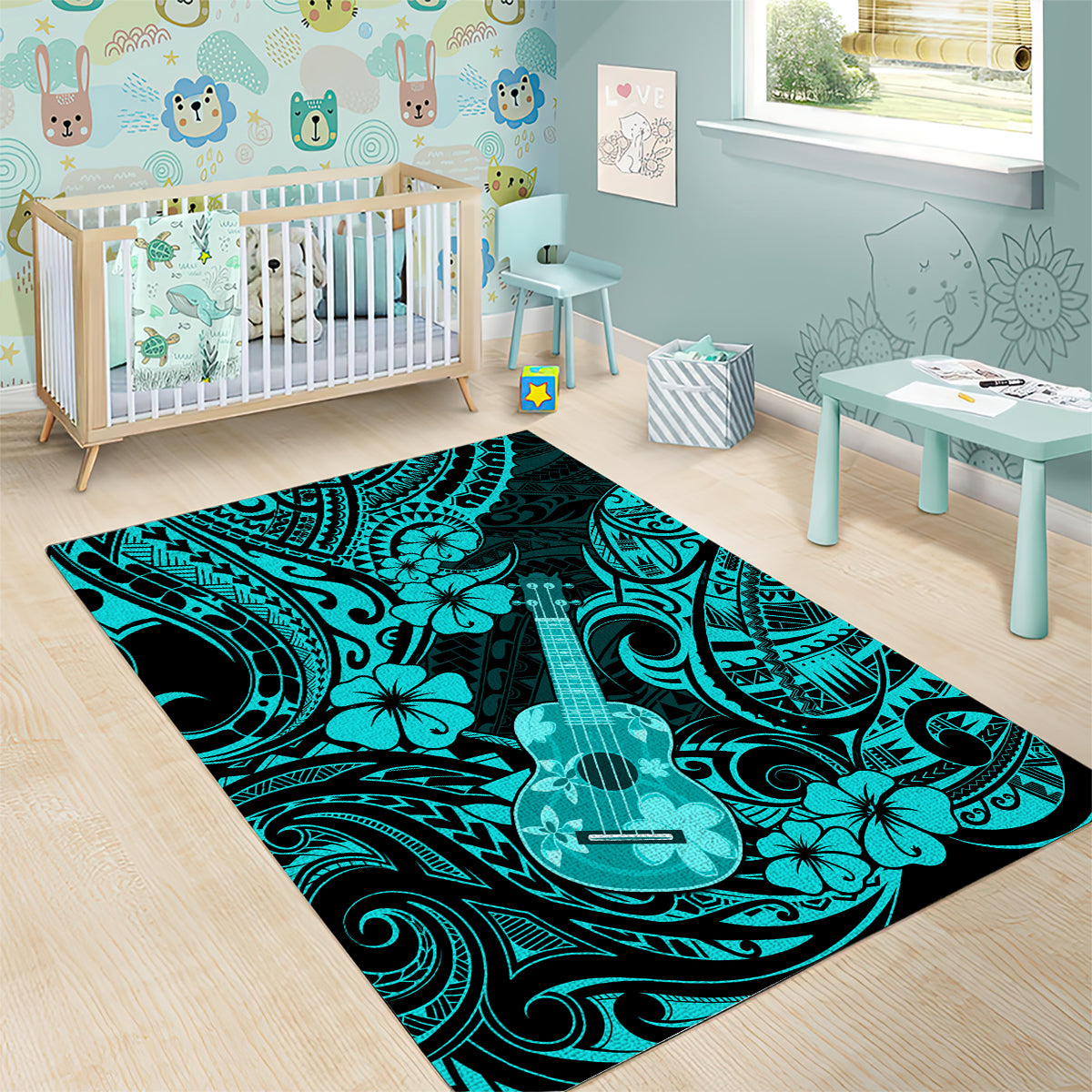 Hawaii Ukulele Area Rug Polynesian Pattern Turquoise Version LT01 - Polynesian Pride