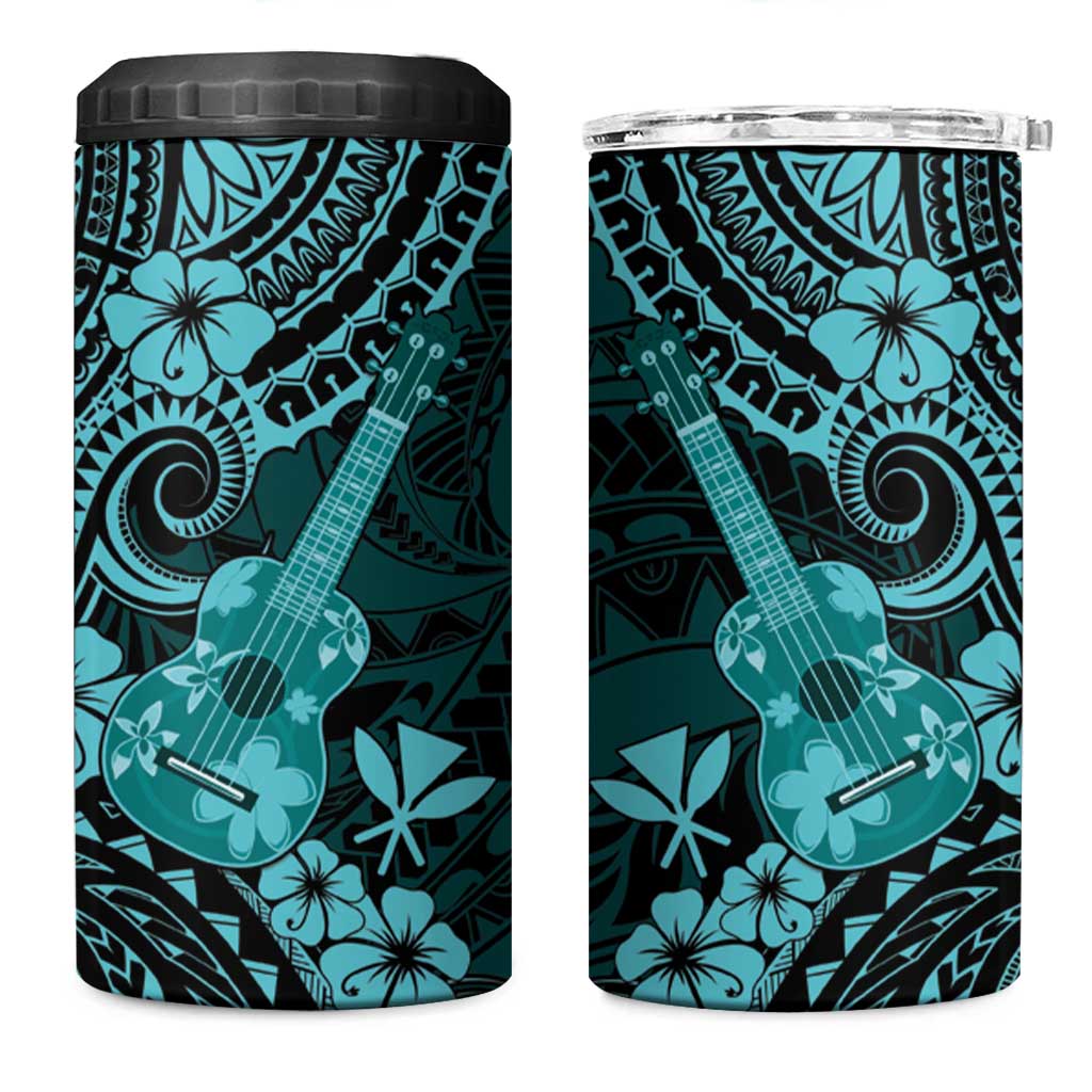Hawaii Ukulele 4 in 1 Can Cooler Tumbler Polynesian Pattern Turquoise Version