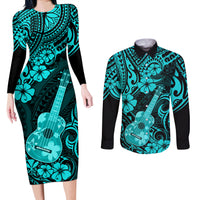 Hawaii Ukulele Couples Matching Long Sleeve Bodycon Dress and Long Sleeve Button Shirts Polynesian Pattern Turquoise Version LT01 Turquoise - Polynesian Pride