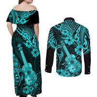 Hawaii Ukulele Couples Matching Off Shoulder Maxi Dress and Long Sleeve Button Shirts Polynesian Pattern Turquoise Version LT01 - Polynesian Pride