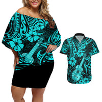 Hawaii Ukulele Couples Matching Off Shoulder Short Dress and Hawaiian Shirt Polynesian Pattern Turquoise Version LT01 Turquoise - Polynesian Pride
