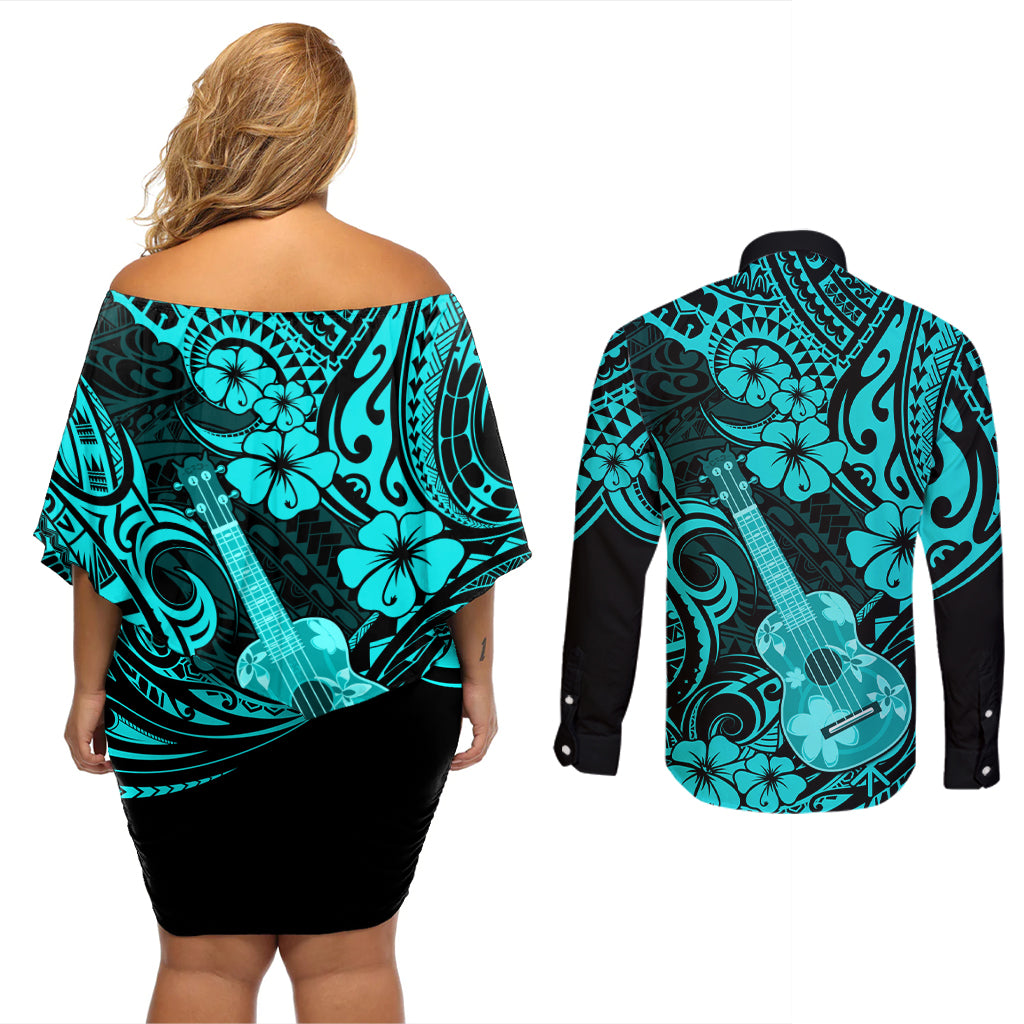 Hawaii Ukulele Couples Matching Off Shoulder Short Dress and Long Sleeve Button Shirts Polynesian Pattern Turquoise Version LT01 - Polynesian Pride