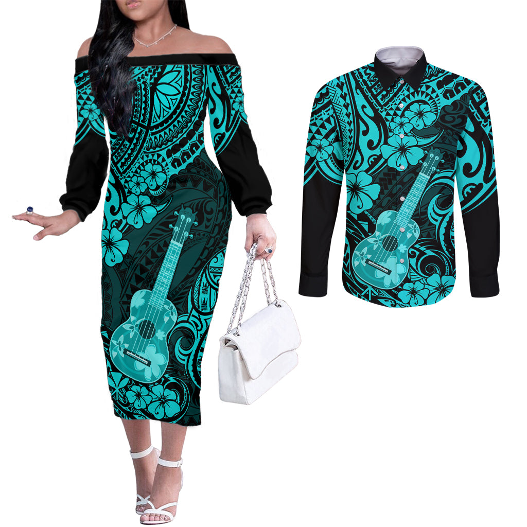 Hawaii Ukulele Couples Matching Off The Shoulder Long Sleeve Dress and Long Sleeve Button Shirts Polynesian Pattern Turquoise Version LT01 Turquoise - Polynesian Pride