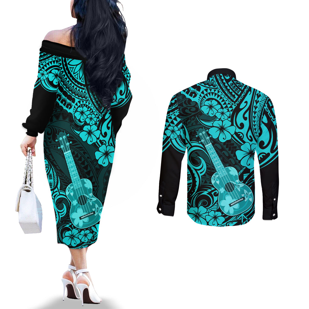 Hawaii Ukulele Couples Matching Off The Shoulder Long Sleeve Dress and Long Sleeve Button Shirts Polynesian Pattern Turquoise Version LT01 - Polynesian Pride
