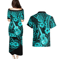 Hawaii Ukulele Couples Matching Puletasi Dress and Hawaiian Shirt Polynesian Pattern Turquoise Version LT01 - Polynesian Pride