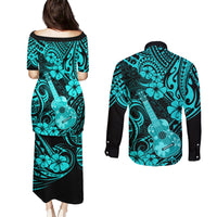 Hawaii Ukulele Couples Matching Puletasi Dress and Long Sleeve Button Shirts Polynesian Pattern Turquoise Version LT01 - Polynesian Pride