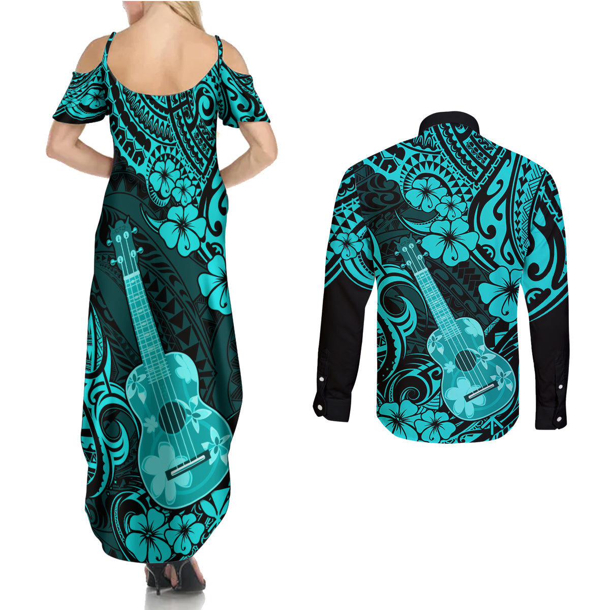 Hawaii Ukulele Couples Matching Summer Maxi Dress and Long Sleeve Button Shirts Polynesian Pattern Turquoise Version LT01 - Polynesian Pride