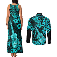 Hawaii Ukulele Couples Matching Tank Maxi Dress and Long Sleeve Button Shirts Polynesian Pattern Turquoise Version LT01 - Polynesian Pride