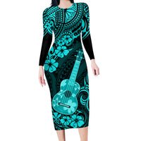 Hawaii Ukulele Family Matching Long Sleeve Bodycon Dress and Hawaiian Shirt Polynesian Pattern Turquoise Version LT01 Mom's Dress Turquoise - Polynesian Pride