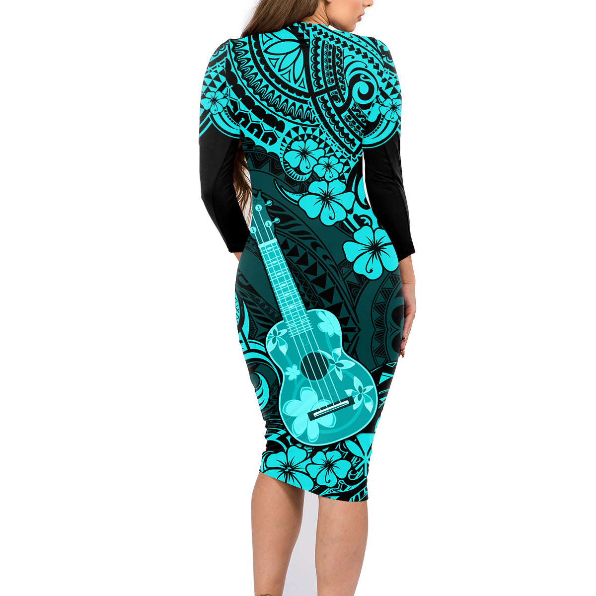 Hawaii Ukulele Family Matching Long Sleeve Bodycon Dress and Hawaiian Shirt Polynesian Pattern Turquoise Version LT01 - Polynesian Pride