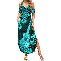 Hawaii Ukulele Family Matching Summer Maxi Dress and Hawaiian Shirt Polynesian Pattern Turquoise Version LT01 Mom's Dress Turquoise - Polynesian Pride