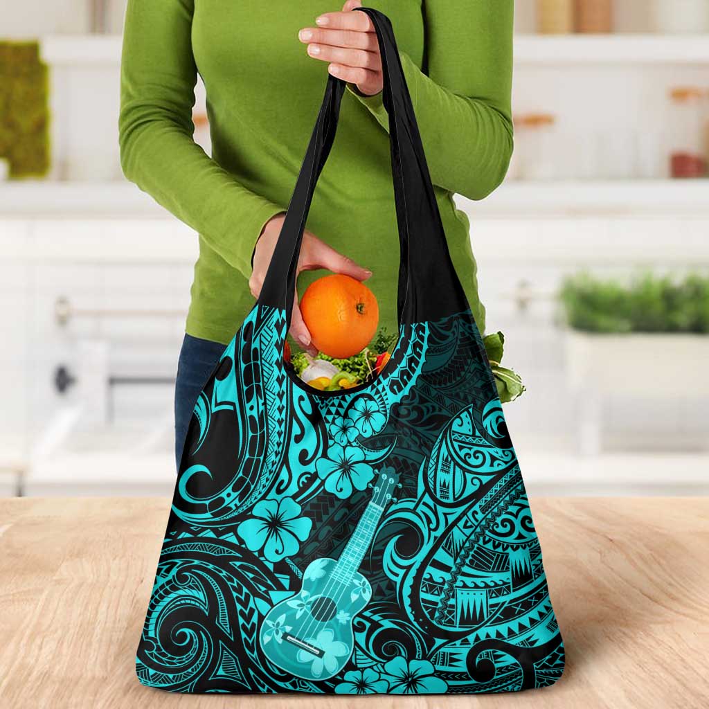 Hawaii Ukulele Grocery Bag Polynesian Pattern Turquoise Version