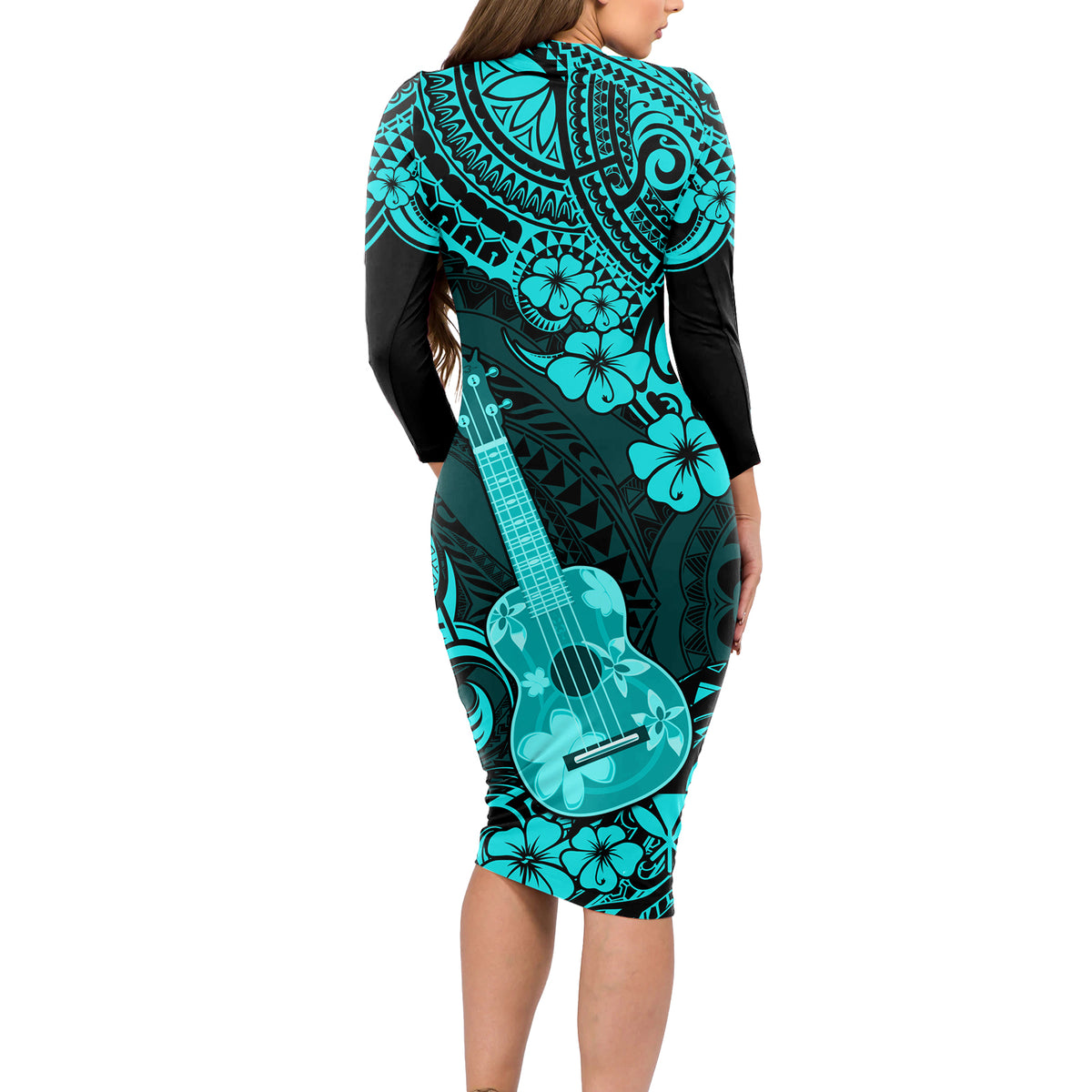 Hawaii Ukulele Long Sleeve Bodycon Dress Polynesian Pattern Turquoise Version LT01 - Polynesian Pride