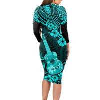 Hawaii Ukulele Long Sleeve Bodycon Dress Polynesian Pattern Turquoise Version LT01 - Polynesian Pride