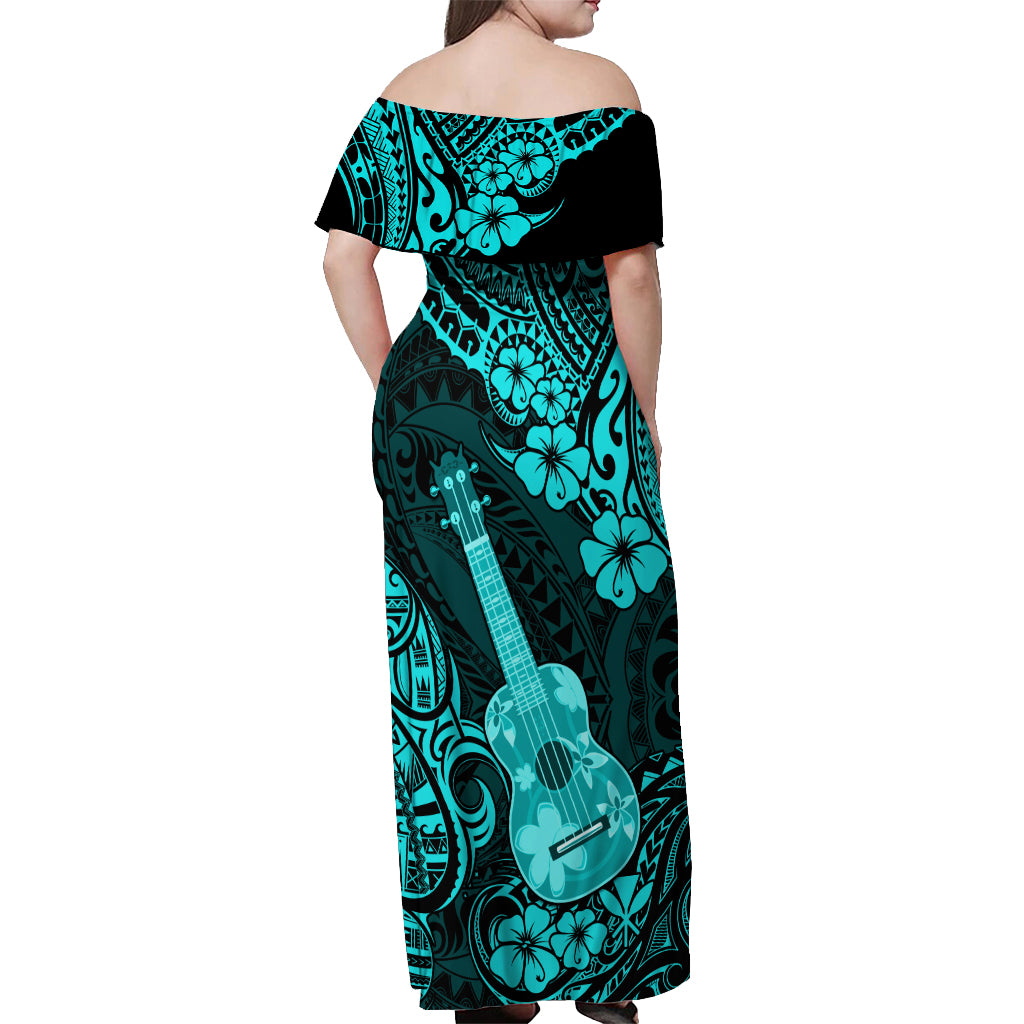 Hawaii Ukulele Off Shoulder Maxi Dress Polynesian Pattern Turquoise Version LT01 - Polynesian Pride