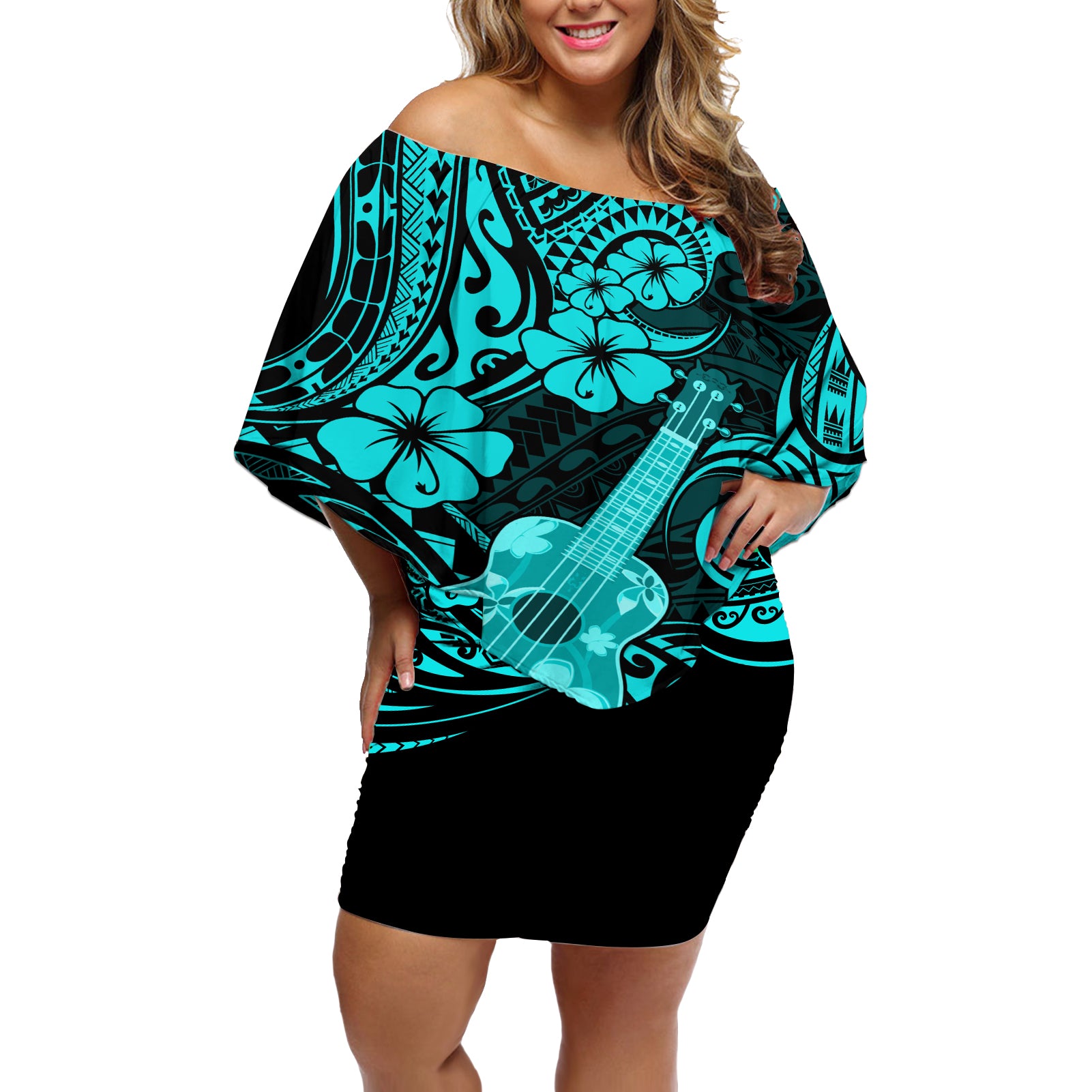 Hawaii Ukulele Off Shoulder Short Dress Polynesian Pattern Turquoise Version LT01 Women Turquoise - Polynesian Pride